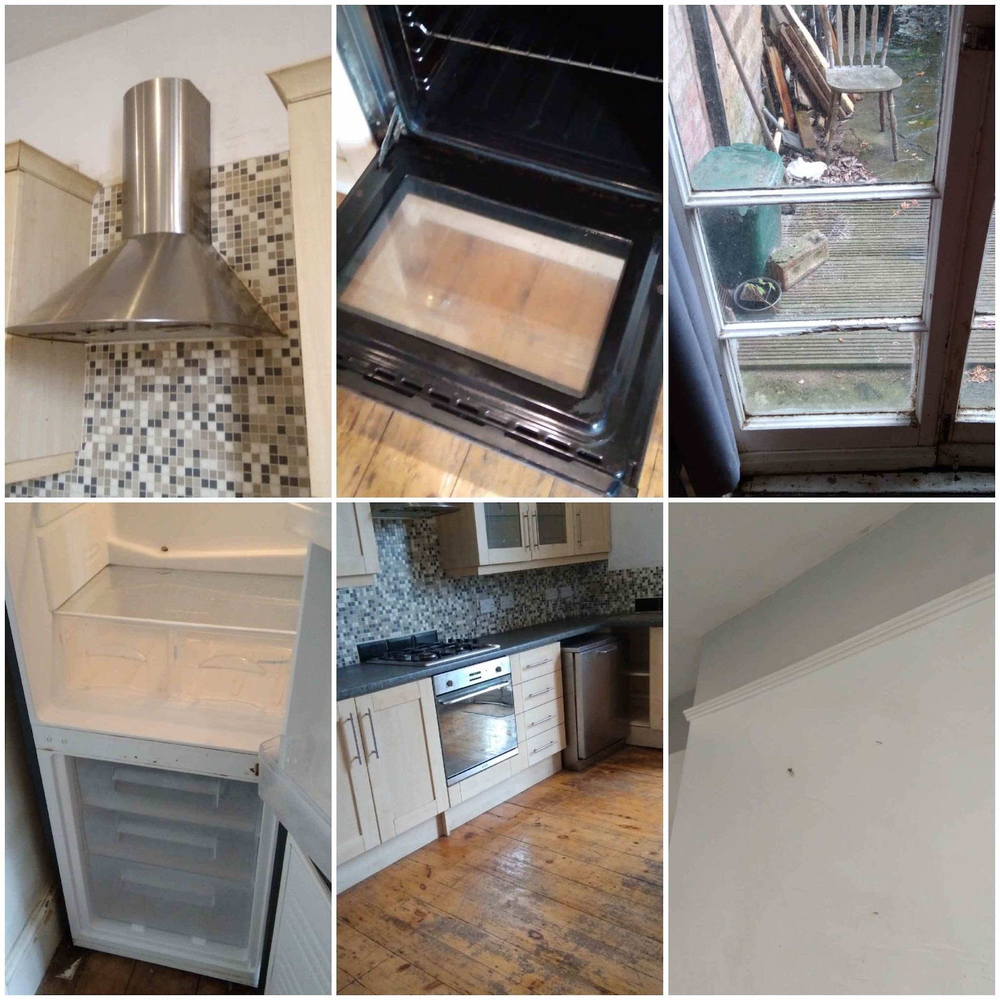 Six photos of a kitchen after a clean: cooker hood, inside of the oven, back door, fridge freezer, units and walls